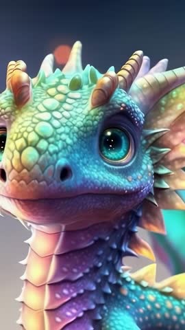 Rotating Pastel CGI Dragon Head Blinking in Vertical Video, Vibrant Fantasy Close-Up