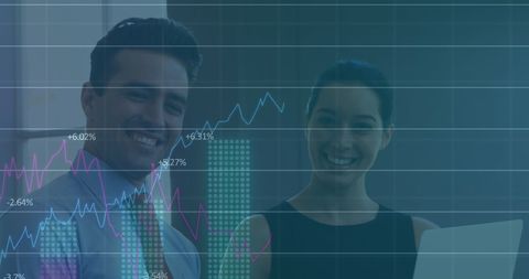 Financial analysts with graph overlay discussing market trends