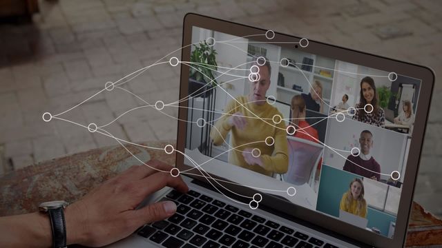 Digital illustration showcases a diverse team engaging in a video conference on a laptop, integrated with animation representing global connectivity and networking systems. This visual is perfect for illustrating modern communication technology, promoting remote work solutions, or depicting concepts in digital media and social networking. Ideal for use in articles, blogs, or marketing materials highlighting online collaboration and global connections.