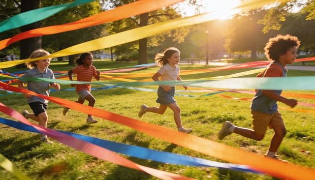 Kids running through colorful streamers in sunlit park during golden hour play