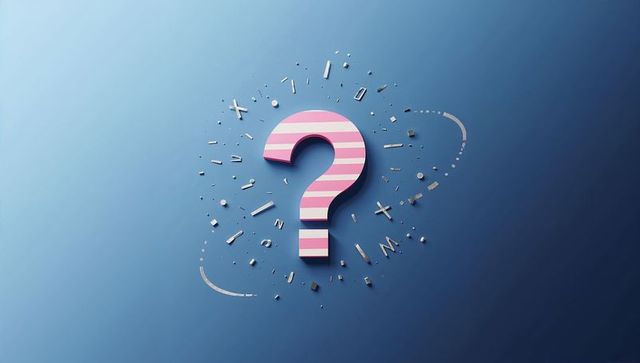 Pink striped 3d question mark floating on blue plane with metallic fragments orbiting