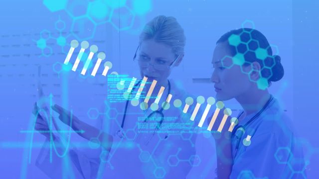 This visual represents diverse female doctors analyzing complex DNA data using a futuristic digital interface. Ideal for showcasing advancements in medical technology, promoting healthcare innovation, and illustrating concepts in medical research and education.