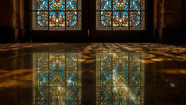 Reflections of historic stained glass windows in sacred hall