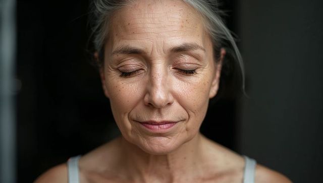 Serene senior woman resting with eyes closed and faint smile in soft studio portrait