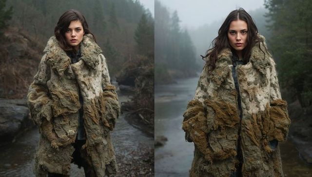 Woman standing in oversized shaggy fur coat on misty forest riverbank, moody portrait