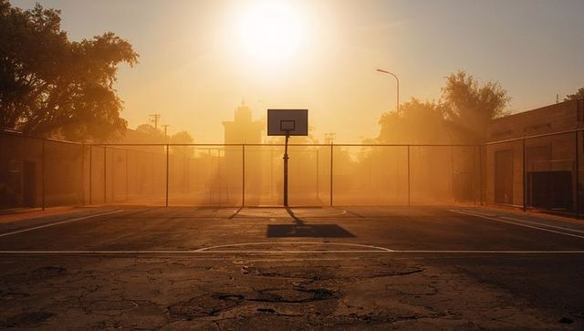 Golden-hour urban basketball hoop casting long shadow on cracked asphalt court