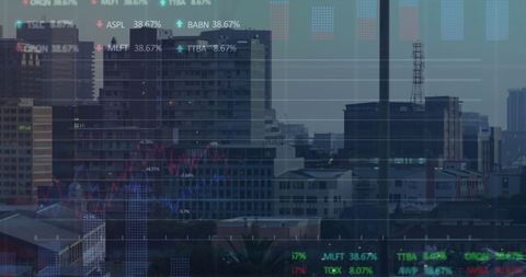 Digital financial data overlayering urban skyline