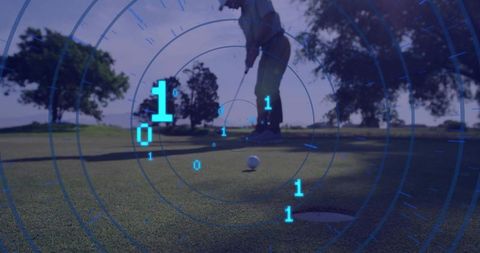 Mature Golfer Putting on Green with Futuristic HUD Overlay Showing Binary Data and Analytics