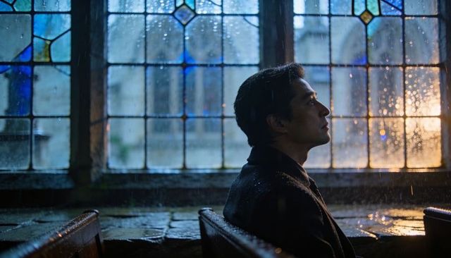 Sitting man gazing upward in rain-soaked chapel pew by glowing stained-glass window