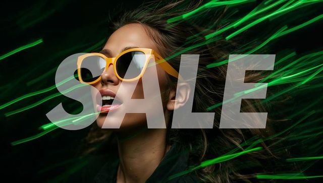 Futuristic female model in yellow sunglasses and neon lights