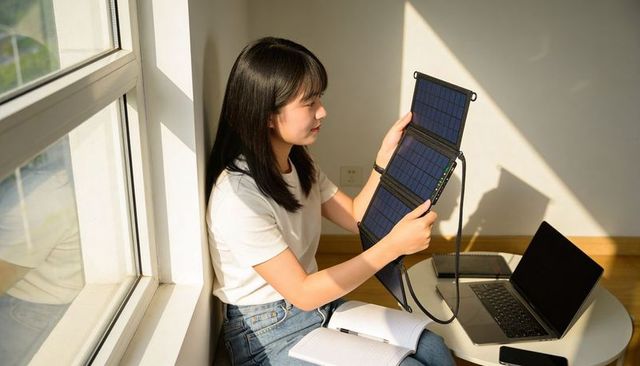 Female student charging laptop with foldable solar panel by sunlit window at home