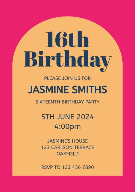 This image features a vibrant 16th Birthday invitation with prominent event details on a pink and brown background. The text invites guests to a birthday party, providing the date, time, location, and RSVP information. Ideal for use as a digital or print invitation template for planning a memorable teenage birthday celebration. Suitable for party planners, event coordinators, and social media announcements.