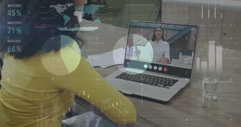 Woman Conducting Video Conference while Analyzing Digital Metrics