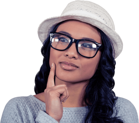 Thoughtful Asian Woman Wearing Glasses on Transparent Background
