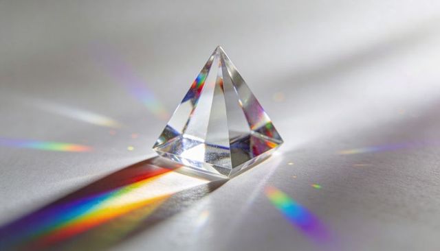Crystal pyramid prism refracting rainbow spectrum and light trails across white surface