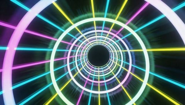 Neon tunnel vortex with concentric rings and pastel glowing beams, futuristic portal
