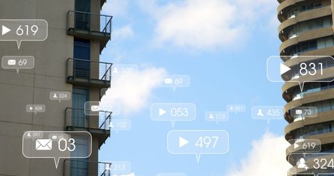 Digital Engagement Icons Floating Over Modern Skyscrapers - Download Free Stock Images Pikwizard.com