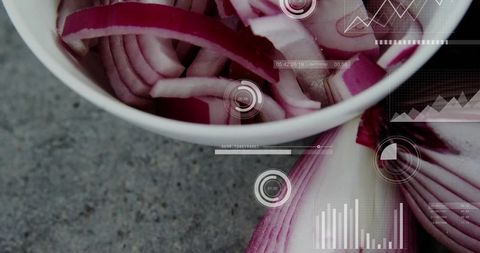 Sliced red onion bowl with futuristic hud overlays for food tech, data visualization, culinary desig