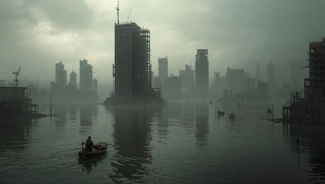Lone boatman navigating foggy waterfront amid urban construction