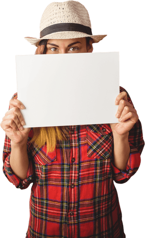 Woman in Plaid and Hat with Blank Paper on Transparent Background