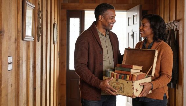 Couple sharing vintage book chest in cozy wood-paneled foyer, smiling and wearing warm cardigans