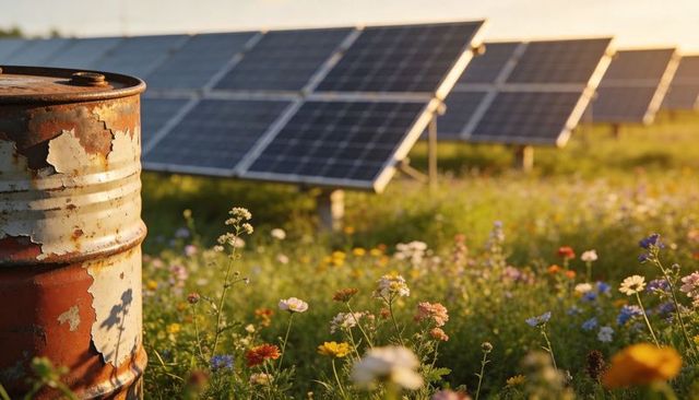 Rusting barrel contrasting solar panel field at golden hour with wildflower meadow