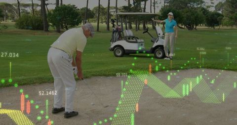 Senior Golfer Swinging Bunker Shot with Augmented Golf Data Overlays and Performance Analytics