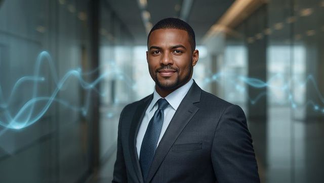 African American Executive Wearing Charcoal Suit and Navy Tie in Corporate Hallway