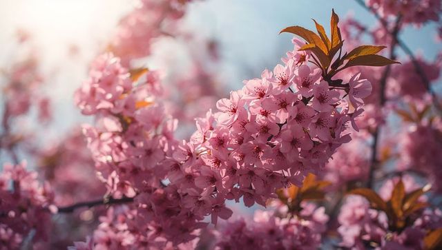 Blooming sunlit pink cherry blossoms with bronze leaves and soft spring bokeh