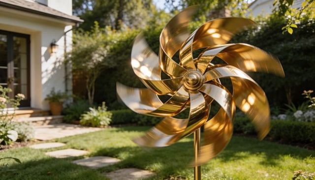 Brass pinwheel wind spinner catching sunlight while spinning in manicured garden entry