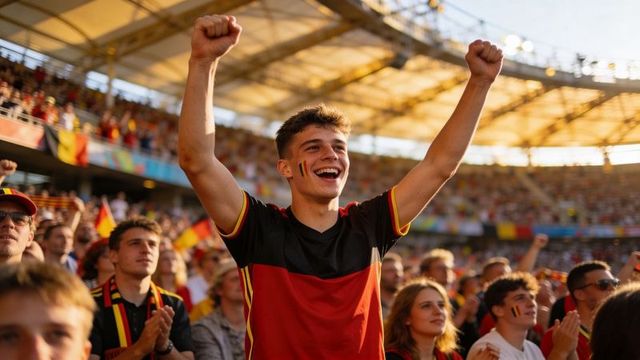 Young belgian fan cheering in stadium raising arms with face paint and victory joy