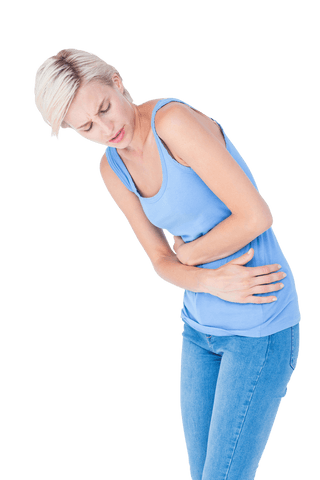 Transparent image: woman experiencing stomach pain in casual outfit