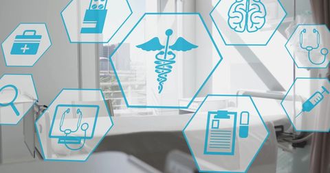 Digital Medical Icons Over Hospital Room