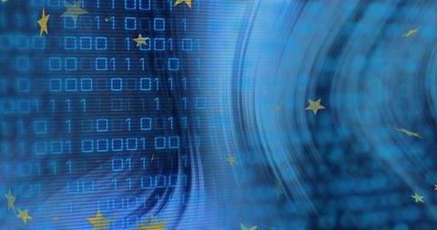Flowing binary vortex with golden stars suggesting european data flow and cyber security