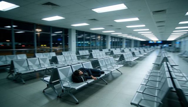 Solo traveler sleeping on airport bench during overnight layover in empty terminal