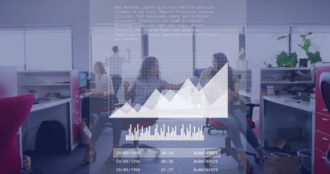 Business people analyzing financial data overlayed with digital graphs