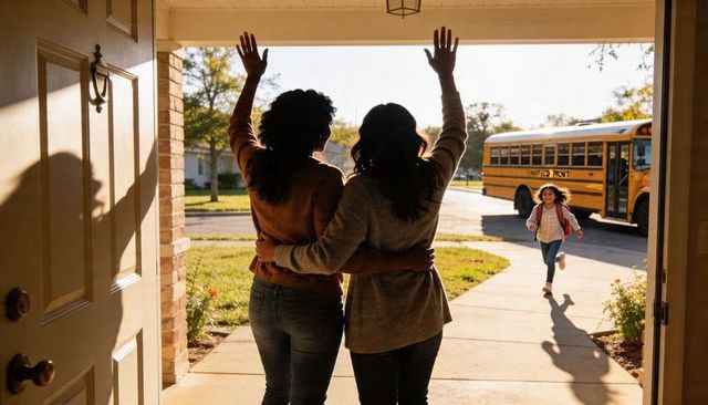 Parents waving from porch hugging and greeting child running from school bus at sunset
