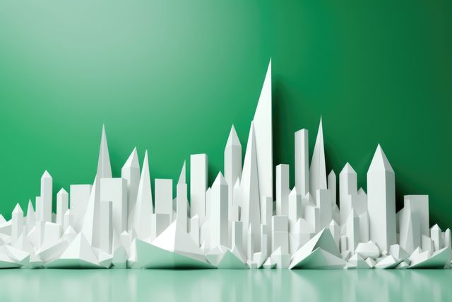 Origami cityscape on green background, created using generative ai technology. Cityscape, origami art and architecture concept digitally generated image.