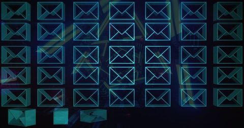 Grid of Neon Envelope Icons on Dark Digital Background