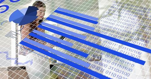 Businesswoman analyzing digital data dashboard with blue charts and binary grid overlay
