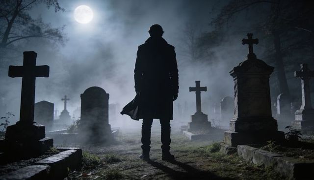 Standing figure watching moonlit graveyard with eerie fog, tombstones and crosses at night