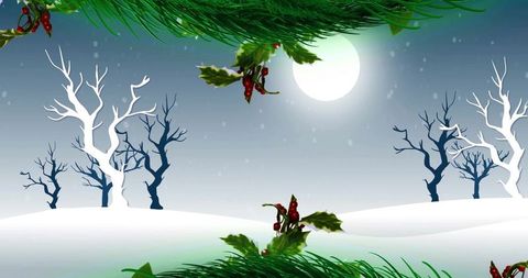 Full moon rising over glowing snowy hills with holly border and bare trees swaying at night