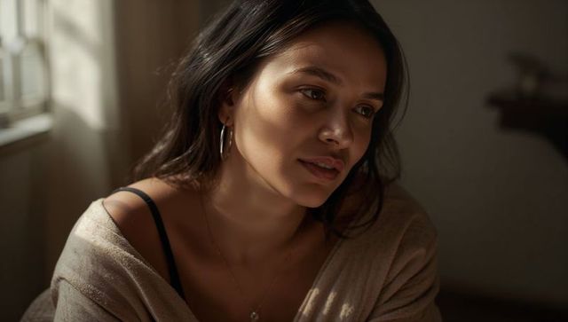 Sunlit contemplative young woman turning toward window light in cozy knit sweater