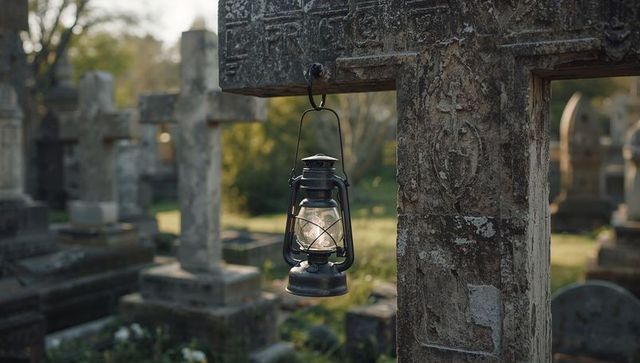Glowing oil lantern hanging from weathered stone cross in quiet cemetery at late afternoon