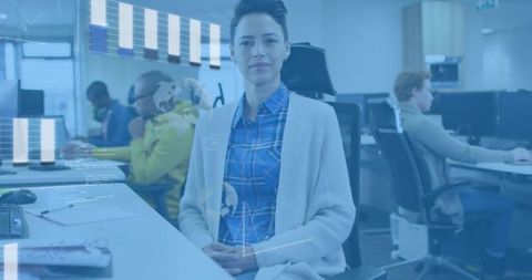 Female professional sitting at desk in open office, showing digital analytics overlays and dashboard graphs. Colleagues working in background, creating sense of collaboration and productivity. Clean, tech-forward composition featuring monitors, charts, and coding snippets, suitable for business, technology, and data-driven themes. Suggested uses: - Website hero for tech companies, data platforms, SaaS and analytics tools - Presentation slides and corporate reports about data strategy, business intelligence and digital transformation - Blog posts about women in tech, workplace collaboration, productivity and remote work - Marketing and recruitment materials for startups, coworking spaces and professional services - Training modules and e-learning about data analysis, software development and team workflows Color grading leaning toward cool blue tones, natural light and modern office styling. Horizontal composition allowing easy crop for banners, headers and thumbnails. License-friendly visual for commercial and editorial purposes.