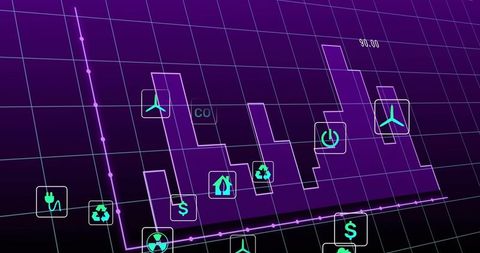 Neon energy data dashboard with 3d stepped bar chart and trend line for renewable analytics