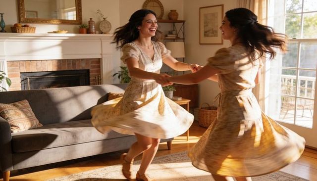 Sunlit living room dance: two women spinning and laughing in floral dresses