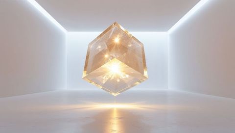 Floating glowing cube in minimalist gallery
