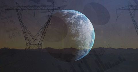 Futuristic globe hovering over mountains with technology overlay