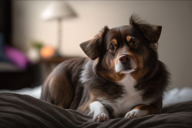 Portrait of cute white and brown dog on bed, created using generative ai technology - Download Free Stock Photos Pikwizard.com